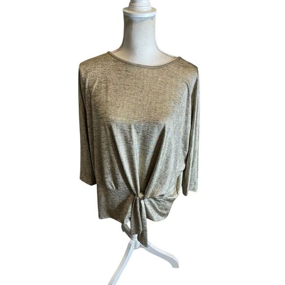 Clara Sun Woo Metallic Gold Dolman Sleeve Tie Front Dressy Blouse Size 1X - Picture 1 of 4